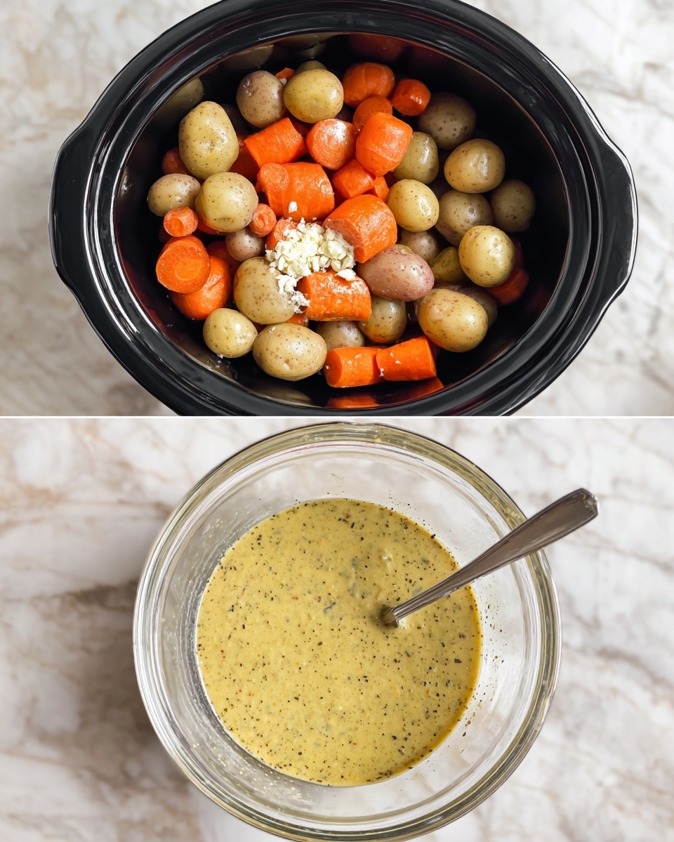 The first image shows a black slow cooker filled with small whole potatoes and carrot pieces arranged in two layers, with the potatoes mostly on top and the carrots below, all on a white marbled surface; minced garlic is sprinkled on top of the vegetables. The second image is a clear glass bowl containing a thick, creamy mustard sauce with visible herb speckles, a silver spoon resting inside, and the bowl placed on a white marbled surface. photo taken with an iphone --ar 4:5 --v 7