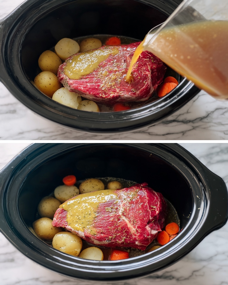 A black slow cooker is filled with a large red raw meat piece with a light yellow mustard-like spread on top, resting on top of pale yellow whole potatoes and orange carrot pieces at the bottom. A clear glass container with brown liquid is being poured over the meat and vegetables in the first part of the image, while in the second part, the liquid has been added, showing the meat and vegetables sitting in the cooker. The cooker is placed on a white marbled surface. photo taken with an iphone --ar 4:5 --v 7
