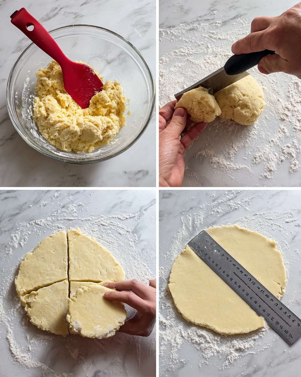 The image shows four steps of making small rolled pastries on a white marbled surface. In the first step, a round dough is cut into eight triangular pieces, each spread with a dark red filling, and some of the triangles are rolled up with the filling visible at the ends. The second step focuses on a woman's hand holding a blue brush, applying a shiny yellow egg wash to a small rolled pastry on white parchment paper. The third step displays a metal baking tray lined with white parchment paper carrying 15 small rolled pastries neatly arranged in rows. The last step shows the same tray with the pastries now golden brown and baked, each having a crisp, slightly darker edge, and the filling still visible inside. Photo taken with an iphone --ar 4:5 --v 7