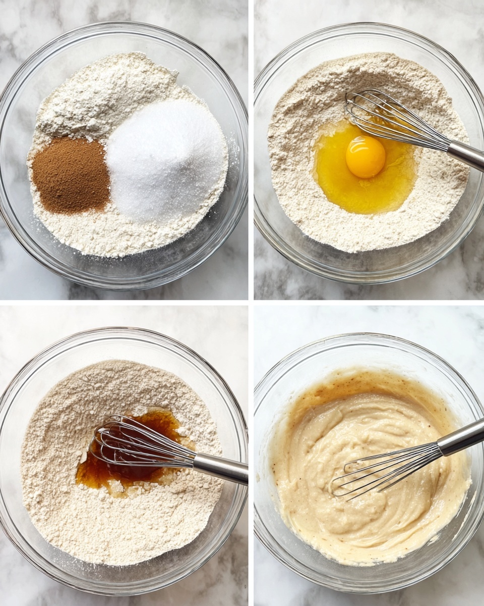 A clear glass bowl sits on a white marbled surface, shown from above in four stages. The first layer has separate piles of white flour, white sugar, a light brown powder (cinnamon), and a white powder (baking soda), with a silver whisk resting on the flour. The second layer shows these dry ingredients mixed into one even pale beige powder mix. In the third layer, the pale beige powder mix is topped with a shiny yellow egg yolk, a dollop of light brown mashed banana, and a darker brown syrup, all still separate but close together with the silver whisk on the side. The final layer shows a smooth, creamy mixture of pale beige batter with small darker specks throughout, with the silver whisk resting inside the bowl. photo taken with an iphone --ar 4:5 --v 7