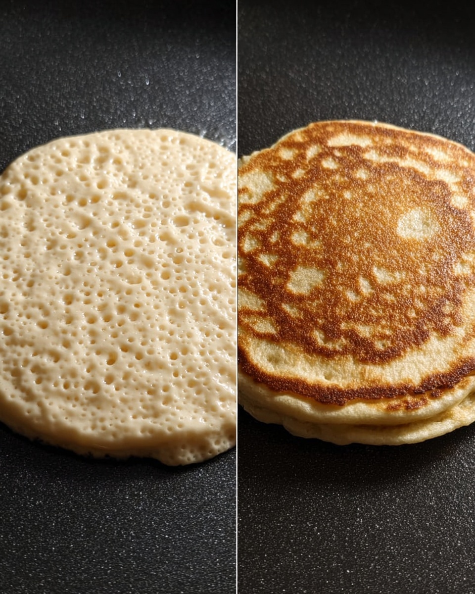 Two close-up views of a pancake cooking on a dark pan are shown side by side. On the left, the pancake batter is thick and bubbly on the surface, with a pale creamy color and small holes forming, showing it is still cooking on one side. On the right, the pancake is flipped, showing a golden brown top with a textured pattern and slightly raised edges, still thick and fluffy with small air holes around the sides. The pan contrasts with the light color of the pancake, emphasizing the cooking process photo taken with an iphone --ar 4:5 --v 7