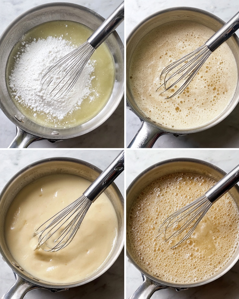 The image shows four stages of making a creamy sauce in a stainless steel pan on a white marbled surface. The first stage shows melted butter with white flour on top and a silver whisk with a black handle resting in the pan. The second stage shows the mixture bubbly and light cream in color, with the whisk inside. The third stage displays a smooth, light beige sauce with no lumps, and the whisk is resting on the surface. The last stage shows the sauce thickening with visible bubbling, giving a shiny, golden cream look, and the whisk remains inside the pan. photo taken with an iphone --ar 4:5 --v 7