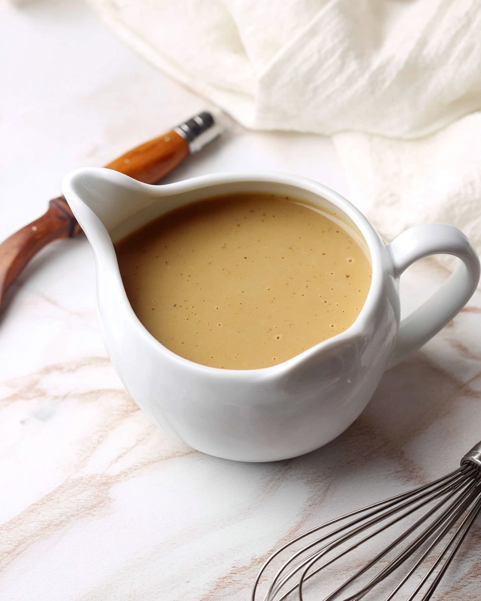 A white gravy boat filled with smooth light brown gravy that has tiny dark specks throughout, sitting on a white marbled surface with a metal whisk with a black handle nearby, and a white cloth with soft folds in the top right background. photo taken with an iphone --ar 4:5 --v 7