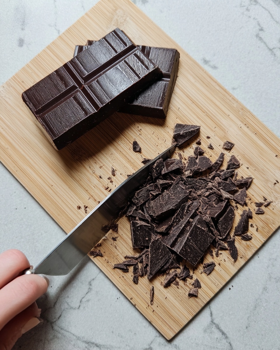A close-up view of a wooden board with two dark chocolate bars placed near the top, one of which is partially chopped. Dark chocolate pieces are scattered below, showing rough, uneven shapes and textures. A silver knife rests diagonally on the board, with a woman's hand holding the handle on the left side. The background surface is a white marbled texture. photo taken with an iphone --ar 4:5 --v 7