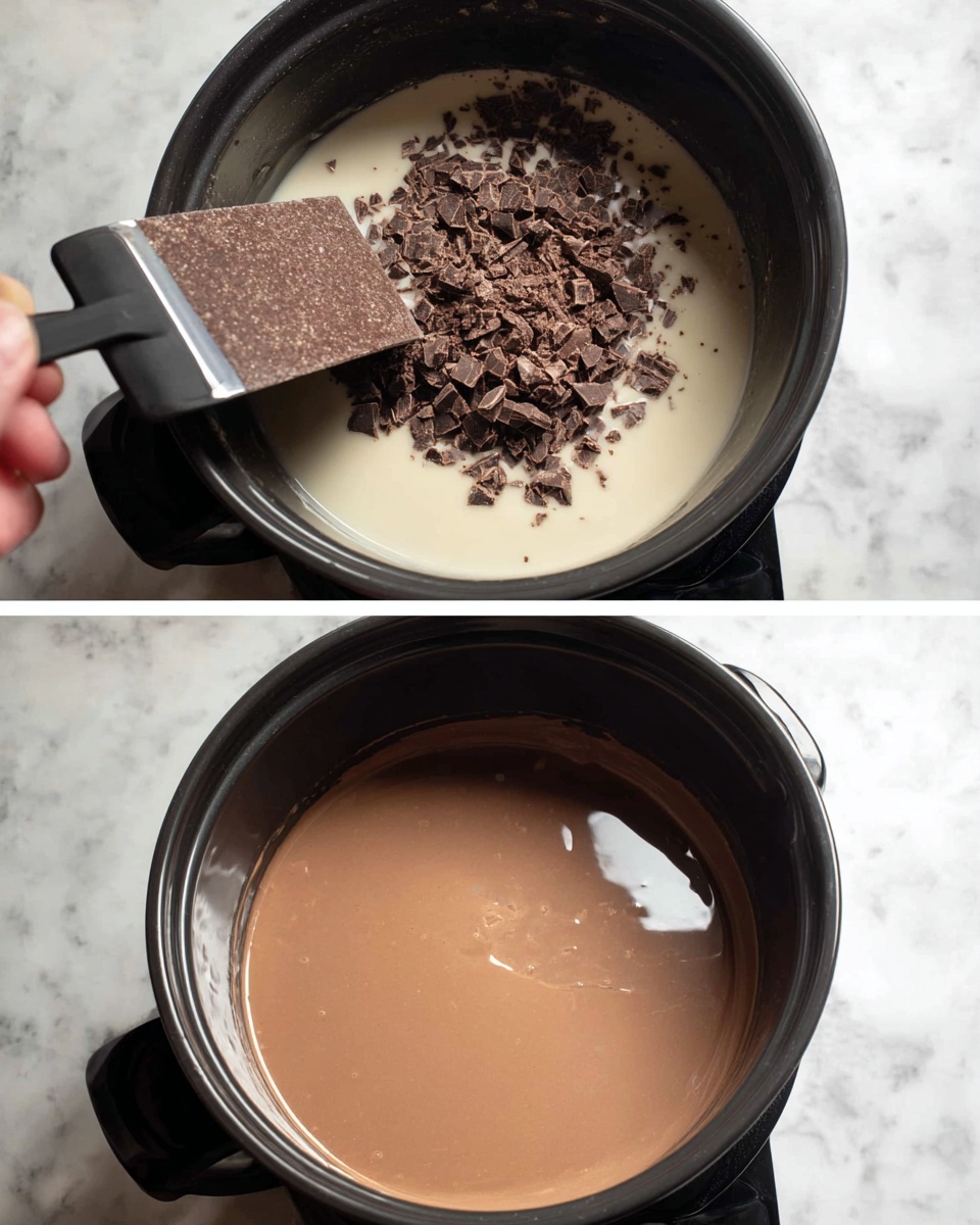 The top image shows a close-up of a black pot with a creamy white liquid inside, while a woman's hand is holding a scraper above it, letting dark chocolate chunks fall into the liquid. The second image shows the same black pot now filled with a smooth, light brown melted chocolate cream, reflecting some light on its surface. The background for both images is a white marbled texture. photo taken with an iphone --ar 4:5 --v 7