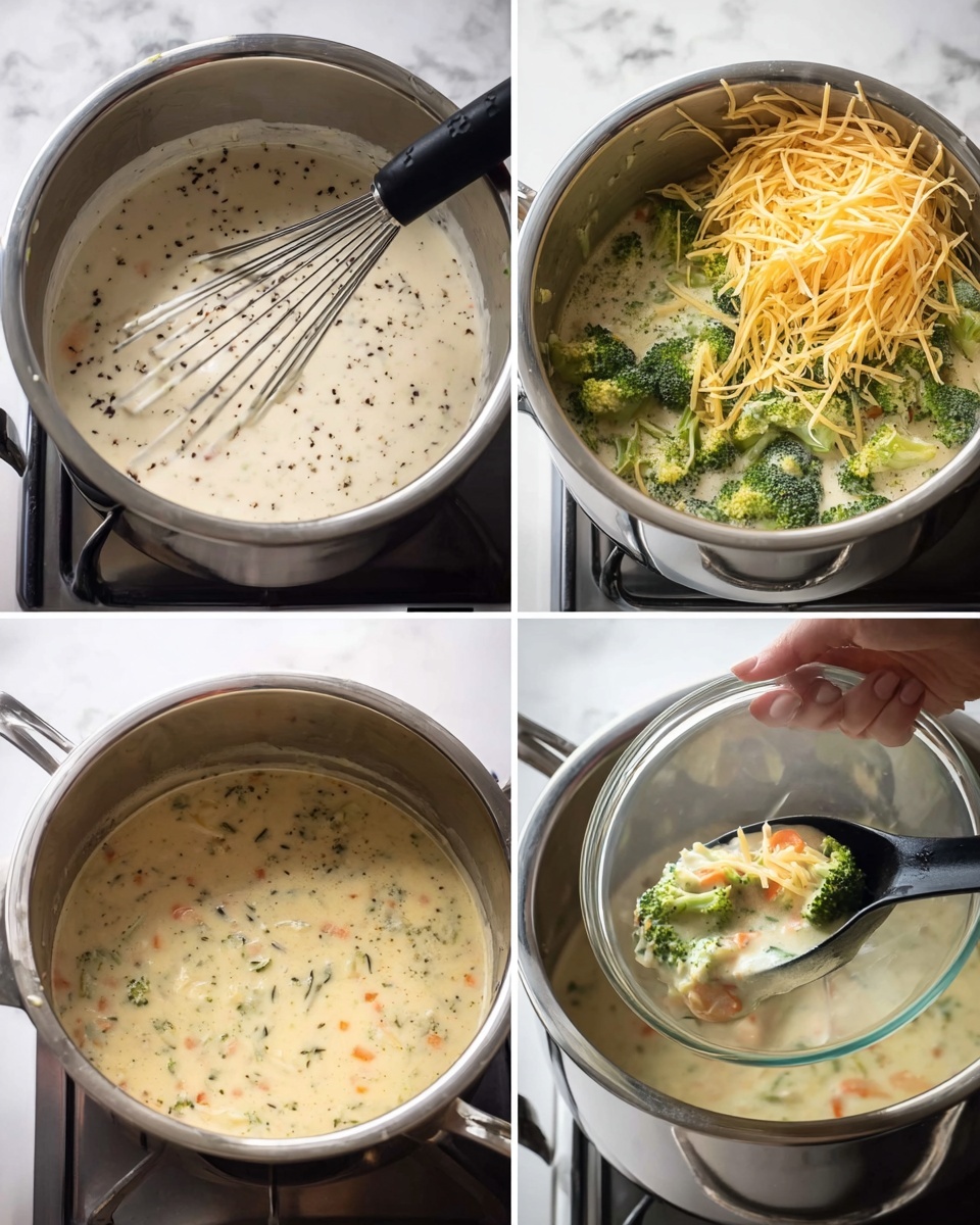 A set of four images showing a cooking process in a silver pot on a stove with a white marbled surface. The first layer shows a creamy white sauce with black pepper specks being whisked with a black-handled metal whisk. The second layer reveals the creamy sauce now mixed with green broccoli florets and small orange carrot pieces, with a woman's hand lifting a shiny silver lid. The third layer shows shredded yellow cheese being poured from a clear bowl into the pot containing the broccoli and carrot cream mixture. The final layer is a close-up of a black spoon lifting the creamy soup, filled with bright green broccoli pieces, small orange carrot bits, and melted cheese from the pot. The entire setting is on a white marbled stove background. photo taken with an iphone --ar 4:5 --v 7