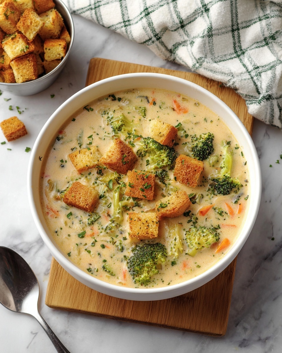 This image shows one white bowl filled with creamy broccoli soup, with visible pieces of broccoli and small orange carrot bits mixed in. The soup has a thick, smooth texture with a yellowish color. On top of the soup, there are many golden brown croutons sprinkled with green herbs. A silver spoon is lifting some soup from the bowl, showing a spoonful of creamy soup with broccoli and carrots. In the background, there is a small white bowl filled with more croutons, set on a white marbled surface with a white cloth that has green stripes. photo taken with an iphone --ar 4:5 --v 7