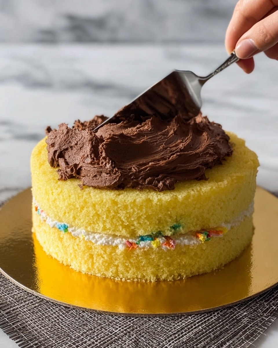A slice of cake with four thick layers of yellow sponge separated by thin layers of white cream and chocolate frosting. The outside edge is covered with chocolate frosting, piped in a swirl pattern, and topped with two halved peanut butter cups placed upright. The cake slice sits on a white plate with a subtle pattern, on a white marbled surface. A fork is cutting a small piece from the front layer of the cake, held by a woman's hand at the bottom edge of the plate. Photo taken with an iphone --ar 4:5 --v 7