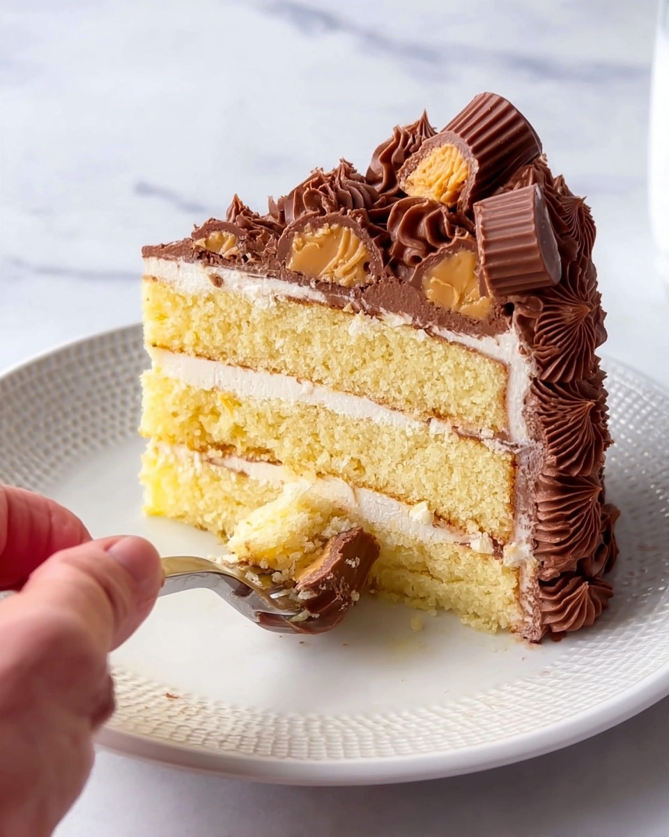 A small round two-layer yellow cake sits on a shiny gold board, placed on a white marbled surface with a textured gray cloth underneath. The bottom layer has colorful sprinkle bits inside, while the top layer is plain yellow sponge. A thin white cream layer separates the two yellow sponge layers. On top, a woman's hand is spreading thick, dark brown chocolate frosting with a metal spatula, adding texture and contrast to the soft cake. Photo taken with an iphone --ar 4:5 --v 7