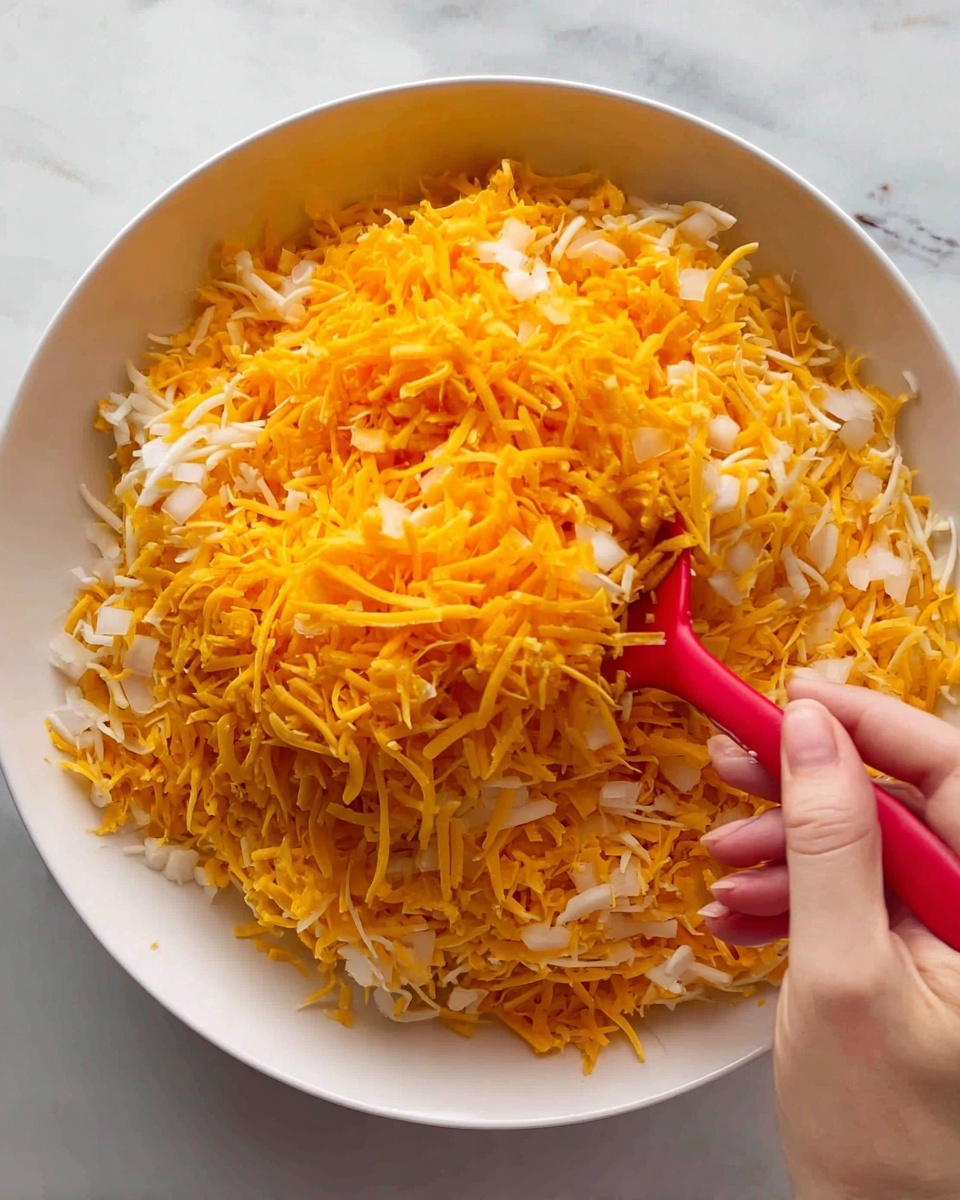 A close-up view of a white round bowl filled mostly with bright orange shredded cheese. On top of the cheese, there are light yellow shredded pieces mixed with small white pieces that look like chopped onions. A woman's hand is holding a red spoon, stirring the cheese and onion mix from the right side of the bowl. The bowl sits on a white marbled surface. photo taken with an iphone --ar 4:5 --v 7