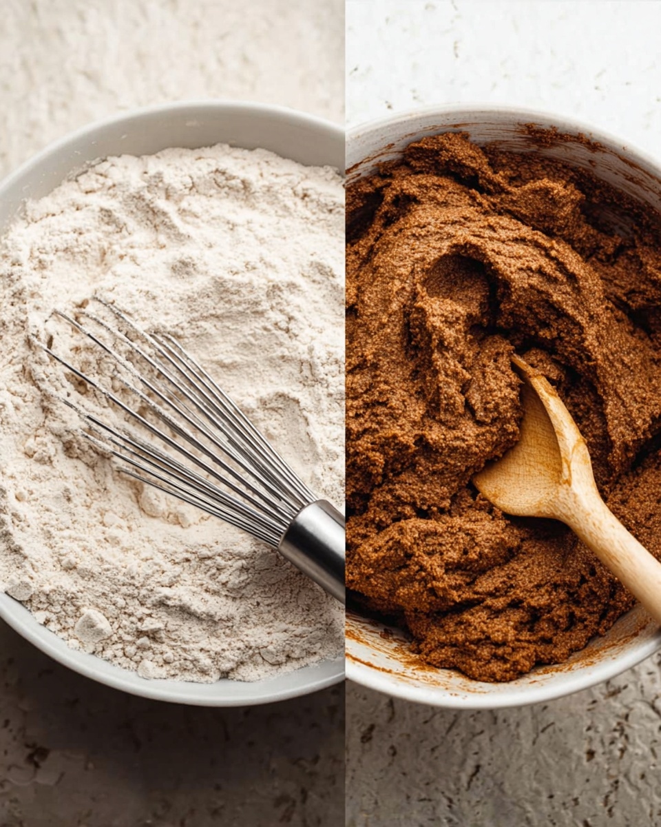 The image shows two close-up views side by side on a white marbled surface; the left side has a white bowl filled with light-colored dry flour mixture with a stainless steel whisk resting inside, displaying a powdery and smooth texture; the right side shows a white bowl containing thick, dark brown dough being mixed with a wooden spoon, revealing a dense and slightly rough texture. Photo taken with an iphone --ar 4:5 --v 7