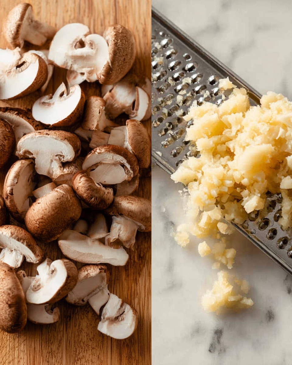 The image shows two side-by-side close-up views. On the left, there are many sliced brown mushrooms with a smooth, slightly shiny surface and white undersides arranged loosely on a wooden cutting board. On the right, finely crushed pale yellow garlic pieces with a moist texture sit next to a metal garlic press on a surface with a white marbled texture. The colors are natural and warm, and the details are clear and sharp. photo taken with an iphone --ar 4:5 --v 7