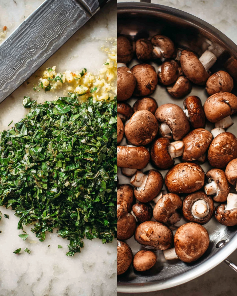 The image shows two parts side by side. On the left side, there is a white marbled surface with finely chopped deep green mint leaves in the middle, along with small bits of light yellow ginger near the top left. A large silver knife with a black handle lies near the top edge of the surface, partly over the chopped herbs. On the right side, a silver frying pan is filled with whole brown mushrooms that have a shiny texture and some small white stems showing. The mushrooms are arranged tightly, filling the pan almost to the edges. photo taken with an iphone --ar 4:5 --v 7