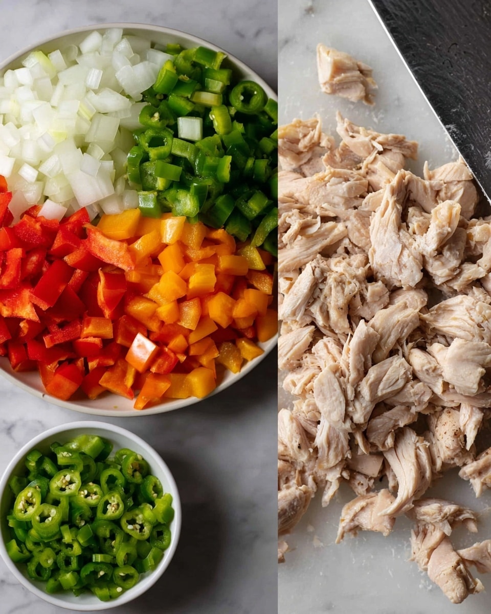 The image shows a close-up of a cooked stew with a chunky texture, featuring several layers mixed together. There are pieces of shredded brown meat, soft yellow corn kernels, and bits of red and green peppers scattered throughout. The stew looks saucy and richly colored in deep reds and browns, with some small dark beans visible. A metal spoon is partly submerged in the stew, stirring the mixture. The bowl holding the stew is clear glass, resting on a white marbled surface. Photo taken with an iphone --ar 4:5 --v 7