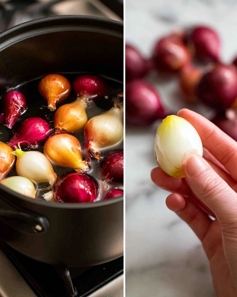 A clear textured glass bowl holds two main layers of food: on the left is a creamy, light yellow mashed potato mixed with bits of green leafy vegetables and garnished with chopped green onions, showing a soft, smooth texture with chunks of greens. On the right side is a dark brown stew with chunks of tender meat, whole glazed small onions, and large carrot pieces, all coated in a thick shiny sauce, topped with small bright green herb leaves and sliced green onions. The bowl sits on a clear glass plate, which is placed on a white marbled textured surface, with some green ivy vines in the background. photo taken with an iphone --ar 4:5 --v 7