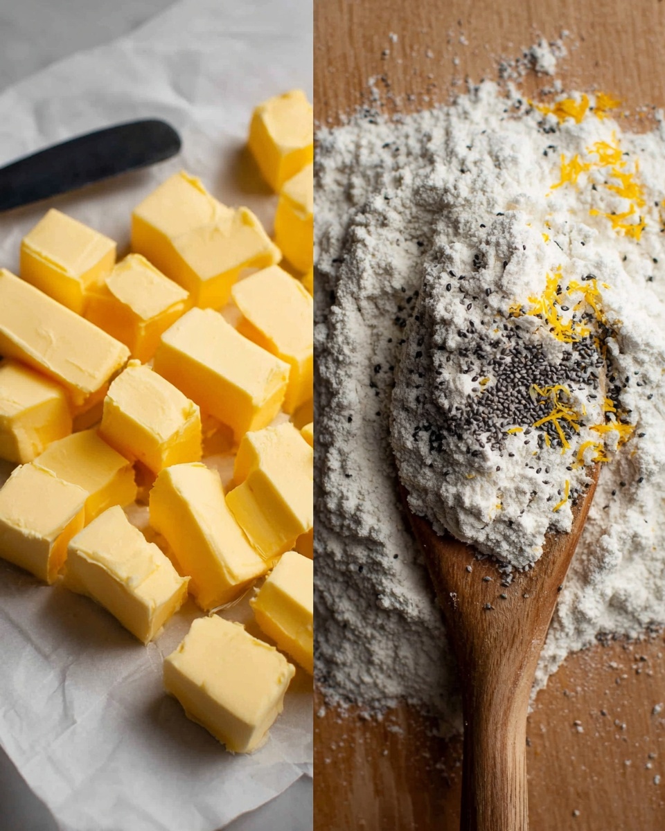 The image shows two side-by-side close-up shots on a white marbled surface. On the left, there are small yellow cubes of butter arranged in neat rows on white paper, next to a black knife with a smooth blade. On the right, a wooden spoon is resting in a pile of white flour mixed with black poppy seeds and small bits of bright yellow zest, all on the same white marbled background. photo taken with an iphone --ar 4:5 --v 7