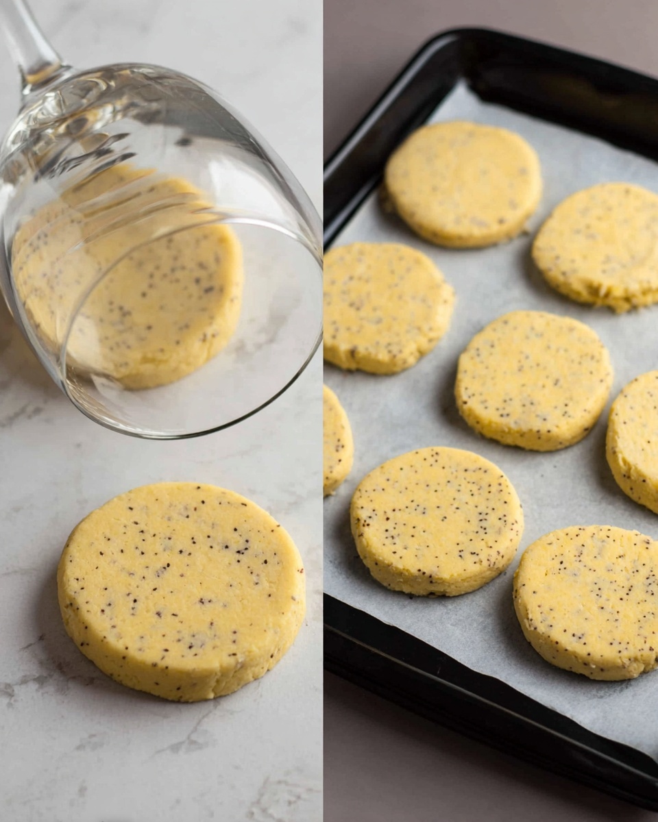 The image shows two scenes side by side. On the left, there is a round piece of light yellow dough with small black specks lying on a white marbled surface. A clear wine glass is upside down, pressing the dough into a neat circle. On the right, there is a black baking tray with several round dough shapes, all the same light yellow color with black specks, arranged in rows on white parchment paper. The dough pieces have smooth, rounded edges and look ready to bake. photo taken with an iphone --ar 4:5 --v 7