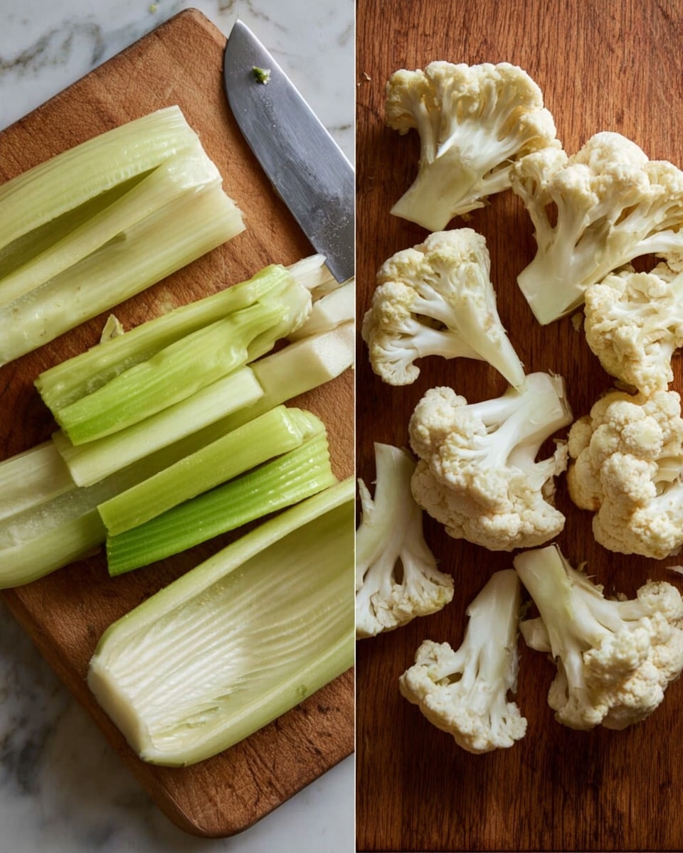 The image shows two split views of fresh vegetables prepared for cooking. On the left, pale green celery stalks are halved lengthwise with their smooth, ribbed texture visible, arranged on a wooden surface with a silver knife beside them. On the right, several cauliflower florets are spread on the same wooden surface, each floret creamy white with a bumpy, textured top and a firm, pale stem, and a silver knife is placed nearby. The background is a white marbled texture. photo taken with an iphone --ar 4:5 --v 7