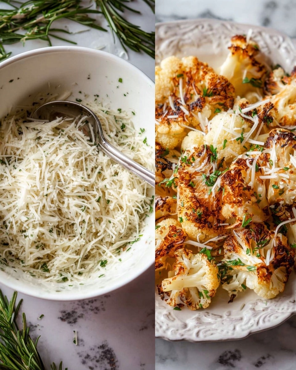 The image shows two parts: on the left, a close-up of a white bowl filled with finely shredded pale cheese mixed with small green herb bits, a silver spoon resting inside. On the right, a white plate with golden-brown roasted cauliflower pieces, some lightly charred on the edges, sprinkled with more shredded cheese and garnished with fresh green herb sprigs. The background and surface are white marble texture, with some rosemary visible near the bowl. photo taken with an iphone --ar 4:5 --v 7