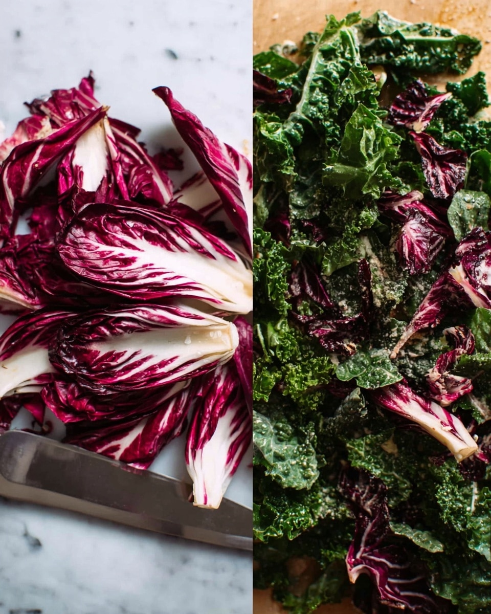 The image shows two side-by-side close-ups; the left side features thin slices of deep red and white radicchio neatly stacked on a white marble surface with a silver knife nearby. The right side displays a mix of dark green kale leaves and pieces of red and white radicchio, both with visible texture, arranged in a loose pile on the same white marble background. The colors are fresh and vibrant, highlighting the contrast between the dark green and red-purple leaves. photo taken with an iphone --ar 4:5 --v 7