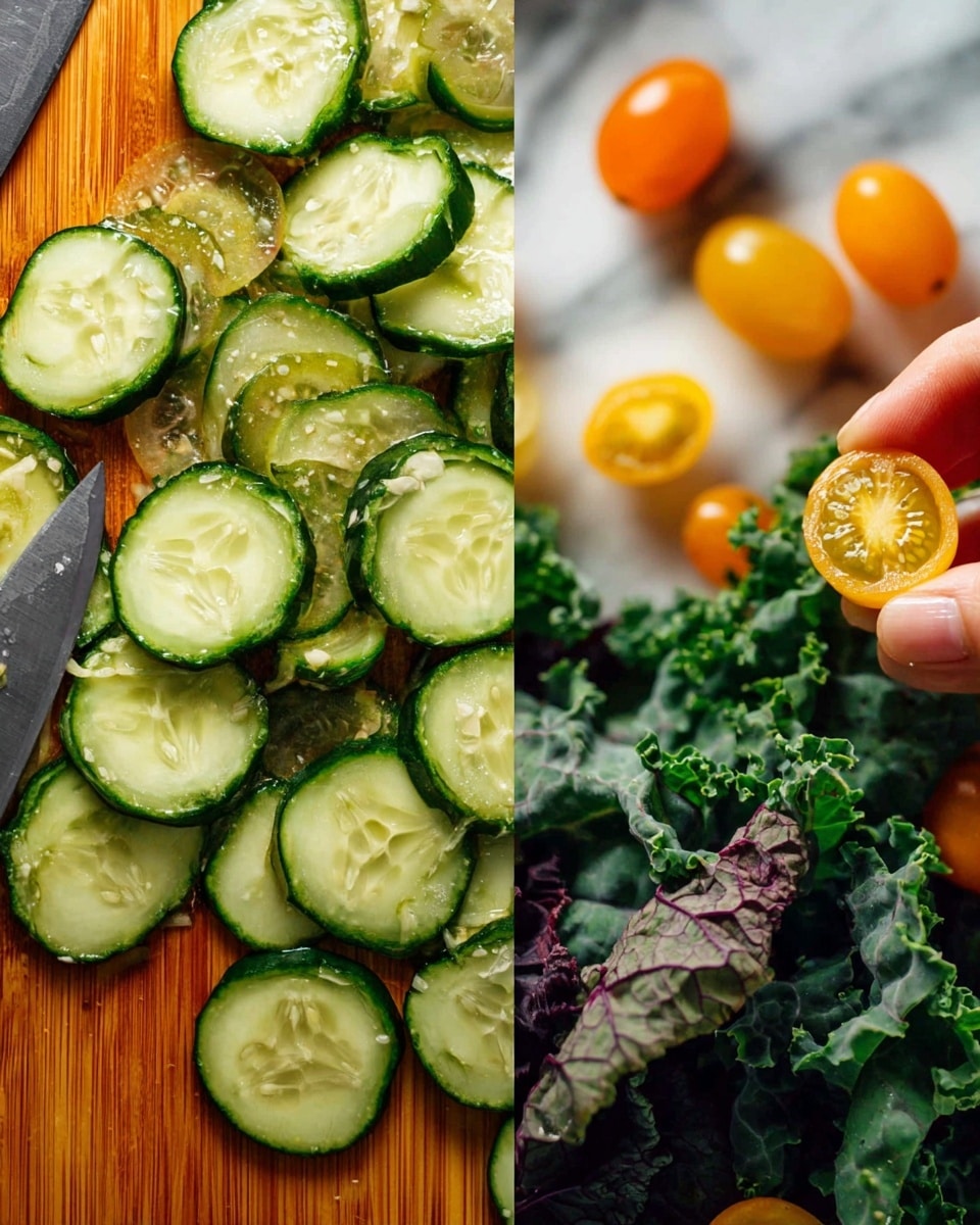 The image shows two scenes side by side. On the left is a wooden board with many small, thick cucumber slices, each showing the inside seeds and fresh, green skin. A sharp knife lies nearby on the board. On the right, a white marbled surface holds a close-up of a woman's hand holding a small yellow cherry tomato slice over a bed of dark green leafy kale mixed with some purple leaves and whole orange cherry tomatoes scattered around. The colors are bright and fresh, with clear textures of the cucumber's smooth skin, the tomato's juicy inside, and the curly leaves. photo taken with an iphone --ar 4:5 --v 7