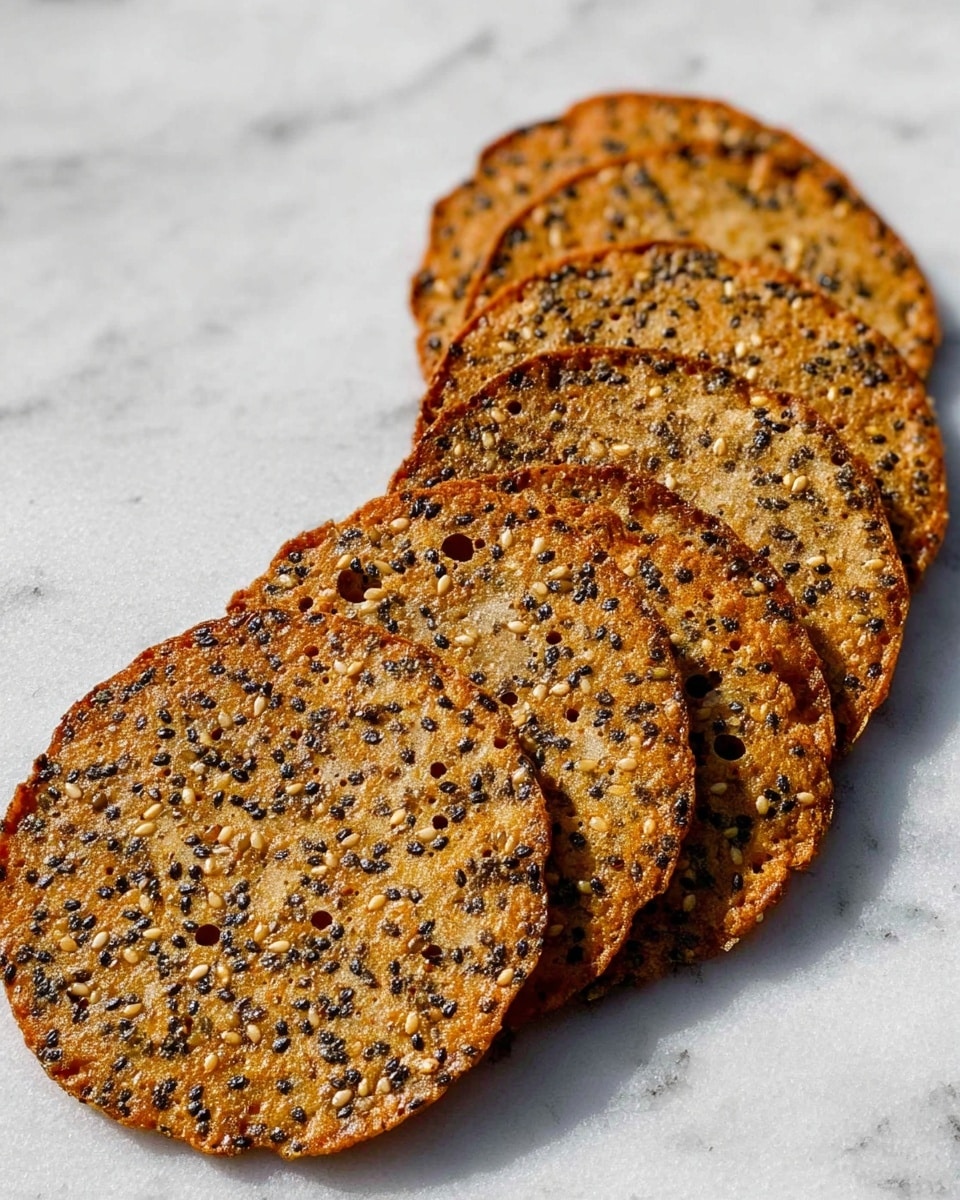 The image shows six thin, round crackers arranged in a slight curve on a white marbled surface. Each cracker is golden brown with darker spots and is generously speckled with black sesame seeds, giving them a bumpy and textured look. The crackers have a slightly shiny finish and look crispy, with small holes and gaps throughout their surface. photo taken with an iphone --ar 4:5 --v 7