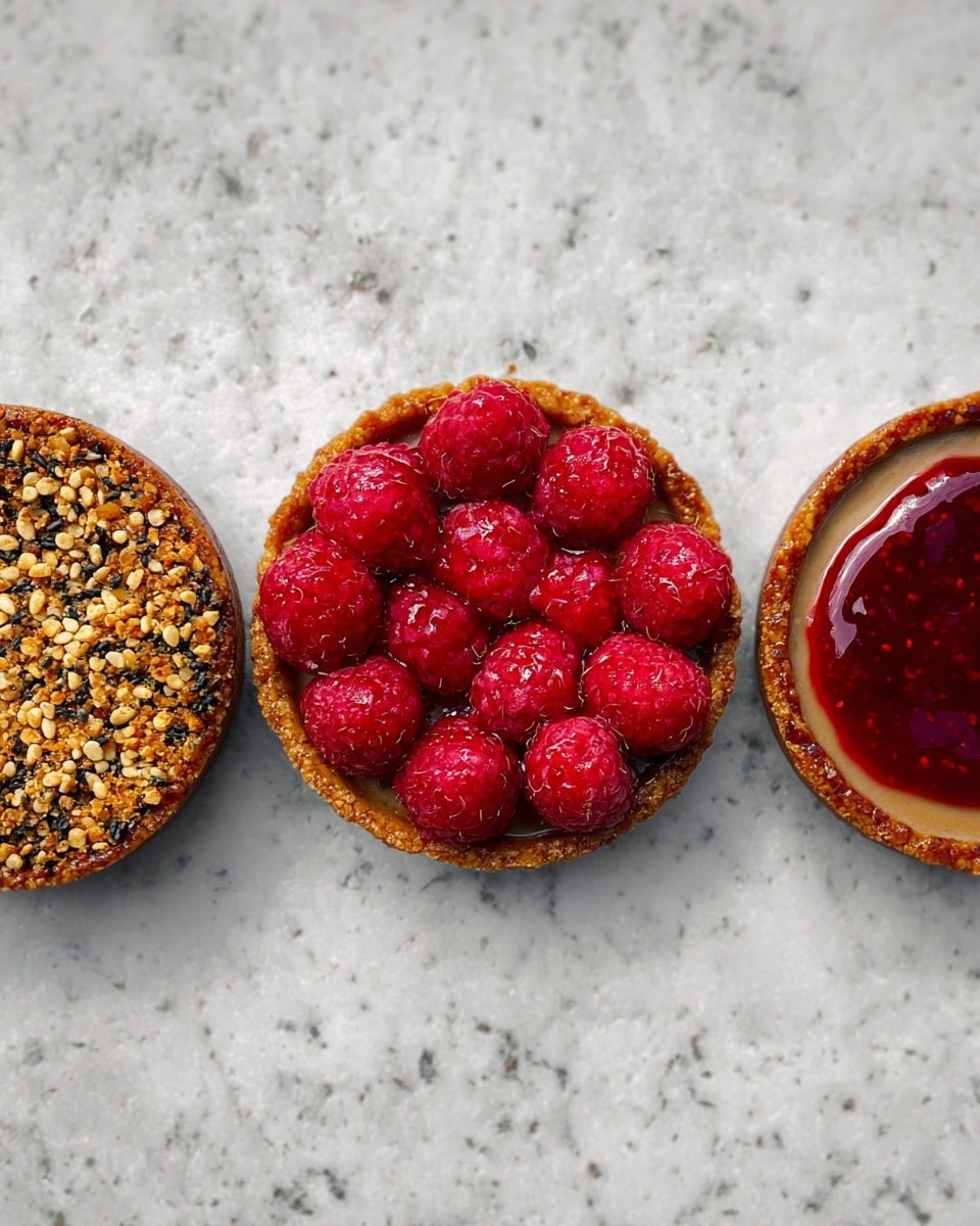 Three small round desserts are lined up diagonally on a white marbled surface. Each dessert has a base layer of dark brown chocolate tart shell, filled with bright red fresh raspberries standing upright, tightly packed in a circle. On top of the raspberries, there is a thin, flat, circular layer of golden caramel with black sesame seeds, adding a crunchy texture. Some small crumbs from the caramel layer are scattered around the desserts on the white marbled surface. Photo taken with an iphone --ar 4:5 --v 7