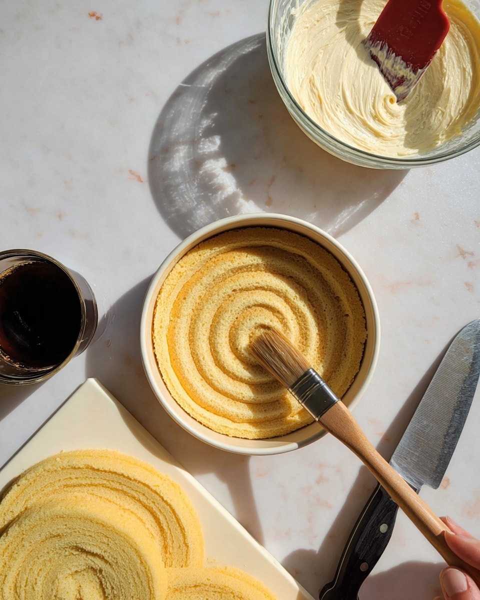 The image shows one round yellow cake layer with a spiral texture inside a white springform pan, being brushed with a light brown liquid by a wooden brush held by a woman's hand. Above it is a clear glass bowl filled with creamy off-white frosting holding a red spatula. Below the pan, on a white chopping board, there are two more yellow cake layers stacked, also with a spiral pattern. On the left side, a small dark glass cup, likely coffee, casts a shadow on the white marbled countertop. A knife with a dark handle lies to the right of the chopping board photo taken with an iphone --ar 4:5 --v 7