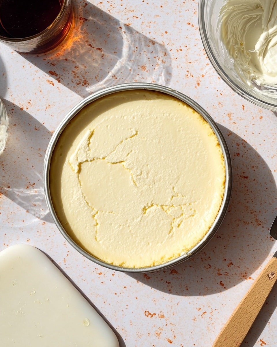 A round cheesecake is shown from above in a metal pan with smooth, pale yellow cream cheese filling that has a slightly cracked surface. The cheesecake sits on a white marbled table with scattered brown and orange specks. In the top right corner, there is a clear glass bowl with some white batter remnants and a wooden spatula. To the top left, there is a small glass container with dark brown liquid, and at the bottom left, a white cutting board with some light yellow spots is partially visible. The photo is taken with an iphone --ar 4:5 --v 7