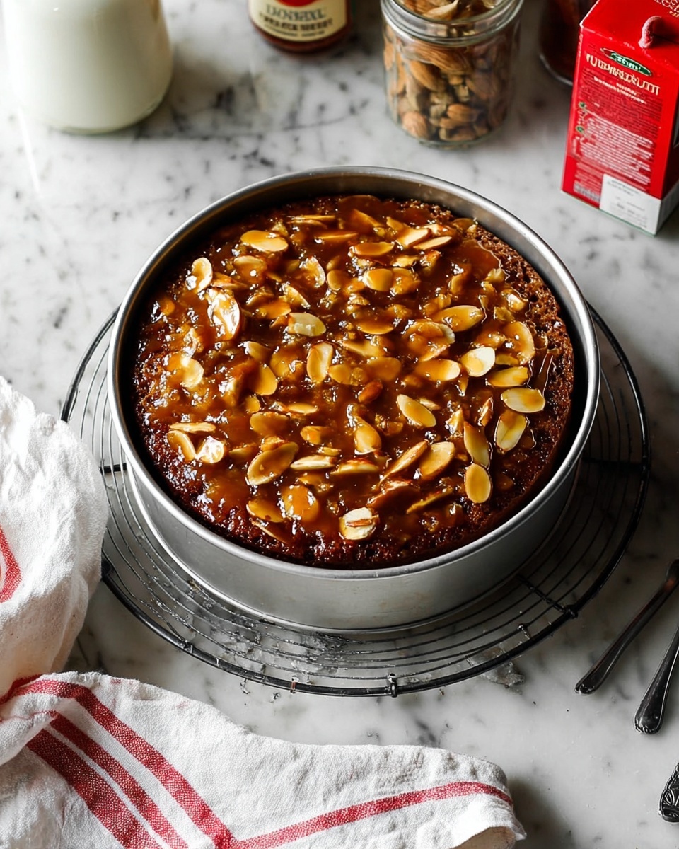 The image shows a round cake in a silver pan on a wire cooling rack over a white marbled surface. The cake has two visible layers, with the bottom layer being dark brown and the top layer covered in a thick, shiny caramel sauce filled with sliced almonds that are golden and glossy. Around the cake, there are spice jars and a carton with a red cap, partially visible. A white cloth with red stripes is placed in the bottom left corner. The photo is taken with an iphone --ar 4:5 --v 7