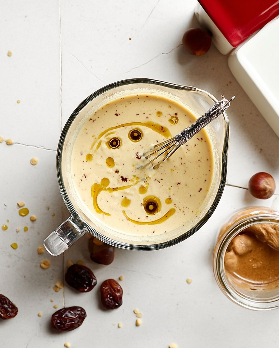 A clear glass measuring cup filled with a creamy, light beige batter with small brown specks, topped with swirls and drops of dark golden brown oil on the surface, resting on a white marbled tiled surface. A thin metal whisk is placed inside the measuring cup. Around the cup, there are scattered dark raisins and whole brown chestnuts. A small jar filled with the same batter is partially visible on the right side. The background includes parts of a white box and a red object in the top corners. photo taken with an iphone --ar 4:5 --v 7