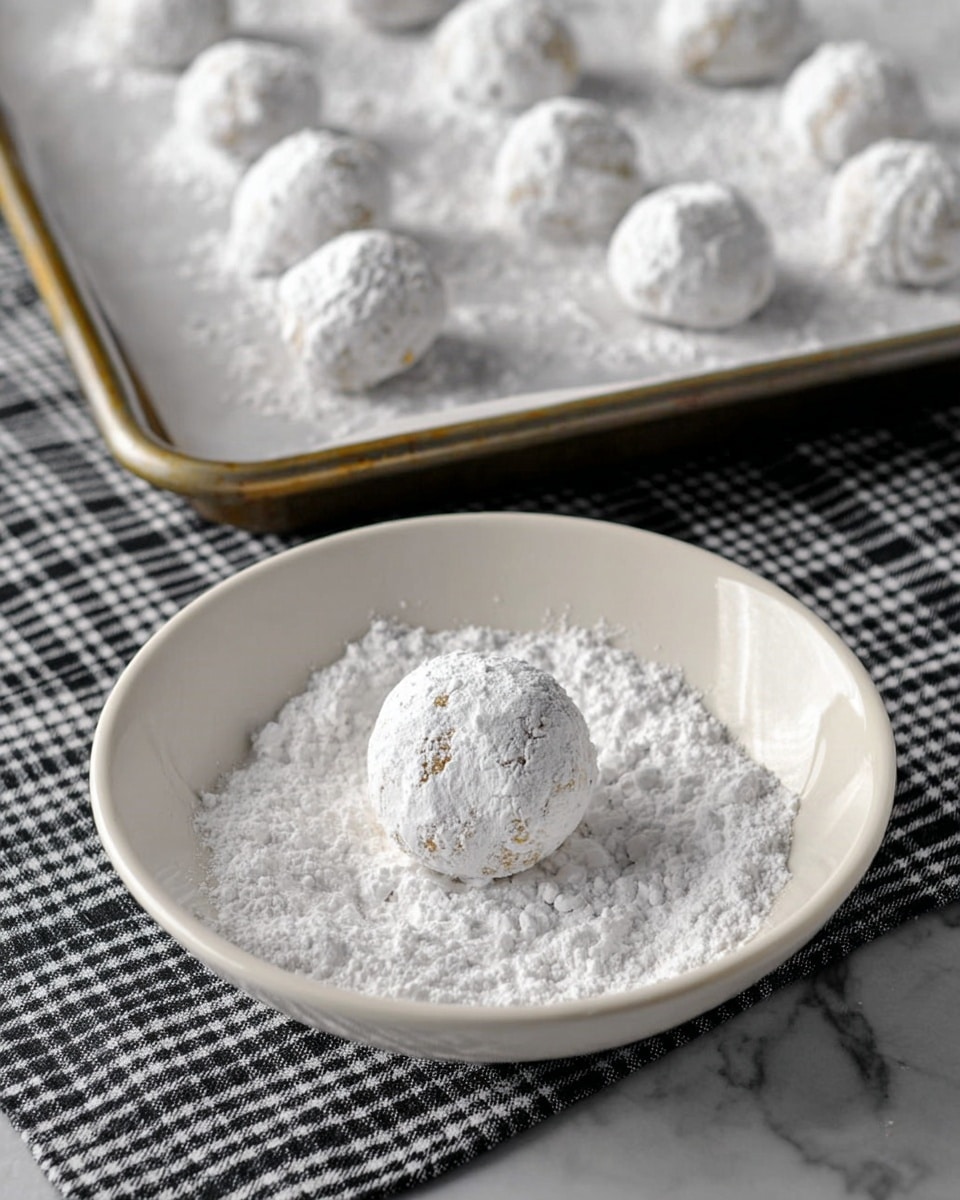The image shows a white bowl filled with white powdered sugar and one round cookie ball partially covered in the powdered sugar sitting in the center of the bowl. Behind the bowl is a metal baking sheet lined with white parchment paper holding several similarly sized round cookie balls all dusted with powdered sugar. The surface under the bowl and baking sheet is a black and white checkered cloth, and the whole scene is set on a white marbled texture. Photo taken with an iphone --ar 4:5 --v 7
