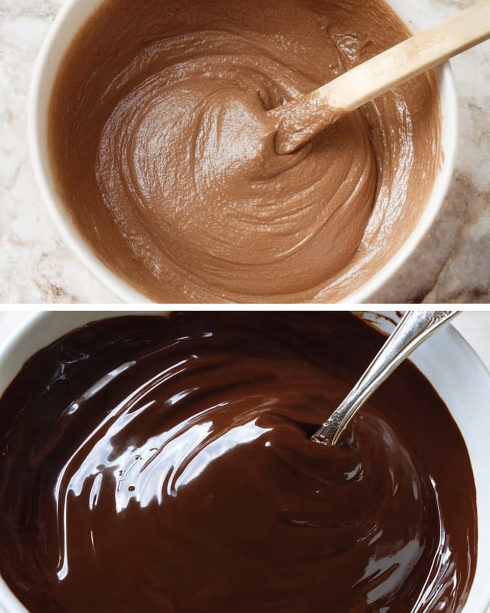 The image shows two close-up views of thick chocolate mixtures. The top part has a bowl with smooth, light brown chocolate batter that looks creamy and soft, with a wooden spatula resting inside. The texture is smooth but has slight ripples where it was stirred. The bottom part shows a white bowl filled with shiny dark melted chocolate, with a silver spoon partially dipped in it; the chocolate looks rich and glossy with a smooth surface reflecting light. The background is a white marbled texture photo taken with an iphone --ar 4:5 --v 7