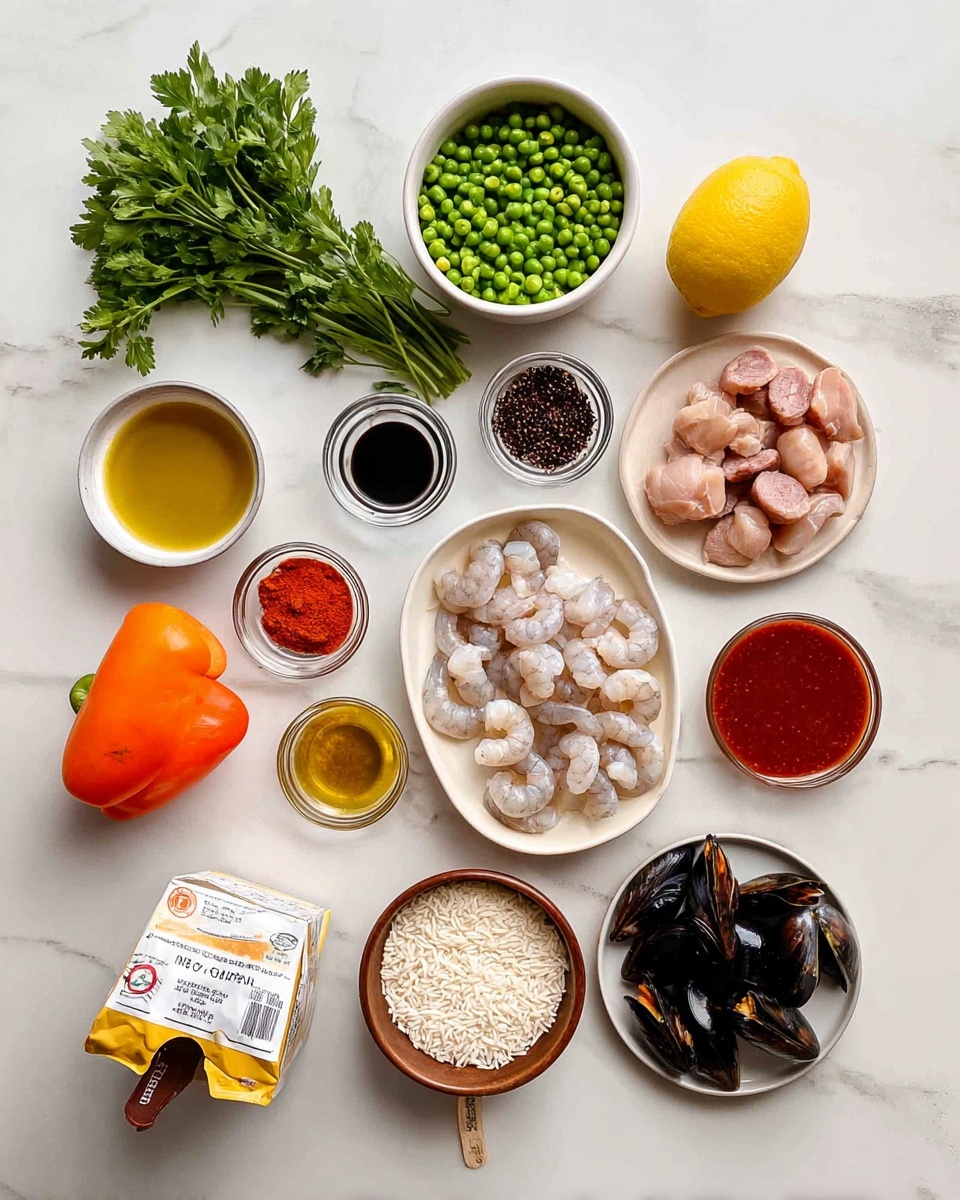 A white marbled surface holds arranged ingredients including a bunch of green parsley at the top left, a white bowl with green peas above the center, and a bright yellow lemon below the peas. Below the lemon are small clear glass bowls with dark saffron threads, ground pepper, red paprika powder, salt, and red tomato paste. To the left center is a small glass bowl with golden olive oil, and below it a white bowl with raw shrimp. Near the left bottom corner lies a whole orange carrot and a whole red bell pepper. At the bottom left, a white carton of organic chicken stock stands beside a whole white onion. Center bottom features a brown-handled bowl filled with short white rice grains. To the right side, a light brown plate holds raw chicken pieces, and below that, a white plate carries round slices of brown sausage. Near the chicken stock is a white plate with black mussels. photo taken with an iphone --ar 4:5 --v 7