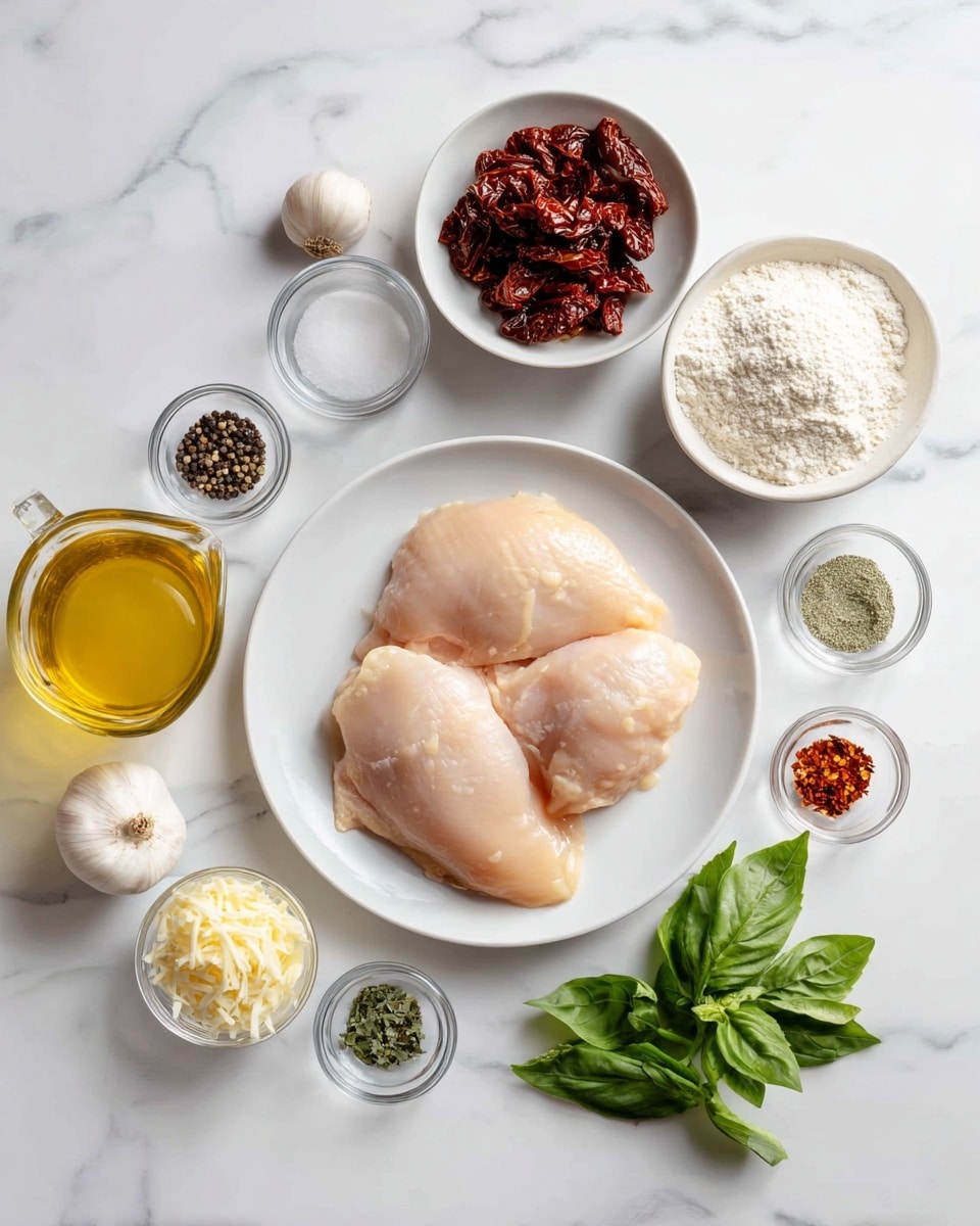 A white speckled plate holds a serving of spaghetti and a piece of chicken topped with a creamy orange sauce mixed with small bits of red sun-dried tomatoes and scattered green basil leaves. The spaghetti is plain and light yellow, coiled neatly on the left side of the plate, while the chicken sits on the right, fully covered by the sauce. In the background, there is a blurred bowl with green leaves and a pan with more saucy chicken pieces. Two silver forks lie crossed in front of the plate on a white marbled surface photo taken with an iphone --ar 4:5 --v 7