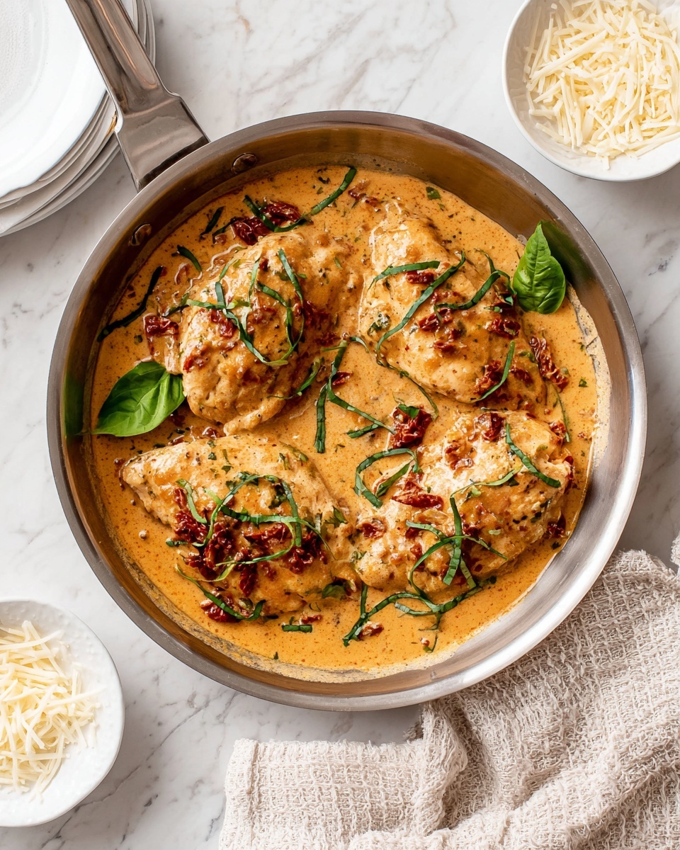 The image shows a white plate at the center with three raw chicken pieces, smooth and pale pink, arranged close together. Around the plate, on a white marbled surface, are small bowls and ingredients spaced evenly: to the top left, a small clear glass bowl with black pepper, a whole white garlic bulb below it, and a tiny glass bowl with salt further down. At the top center, there is a white bowl filled with dark red sun-dried tomatoes, and to its right, a white bowl of light flour. Beside that is a clear glass pitcher filled with yellow oil. At the bottom left, a small white bowl contains grated cheese, and next to it is a lone glass jar of creamy white liquid. To the bottom right near the plate, there is a cluster of fresh green basil leaves, and arranged in small clear glass bowls around this are red chili flakes, dried green herbs, and amber-colored honey or syrup. Photo taken with an iphone --ar 4:5 --v 7