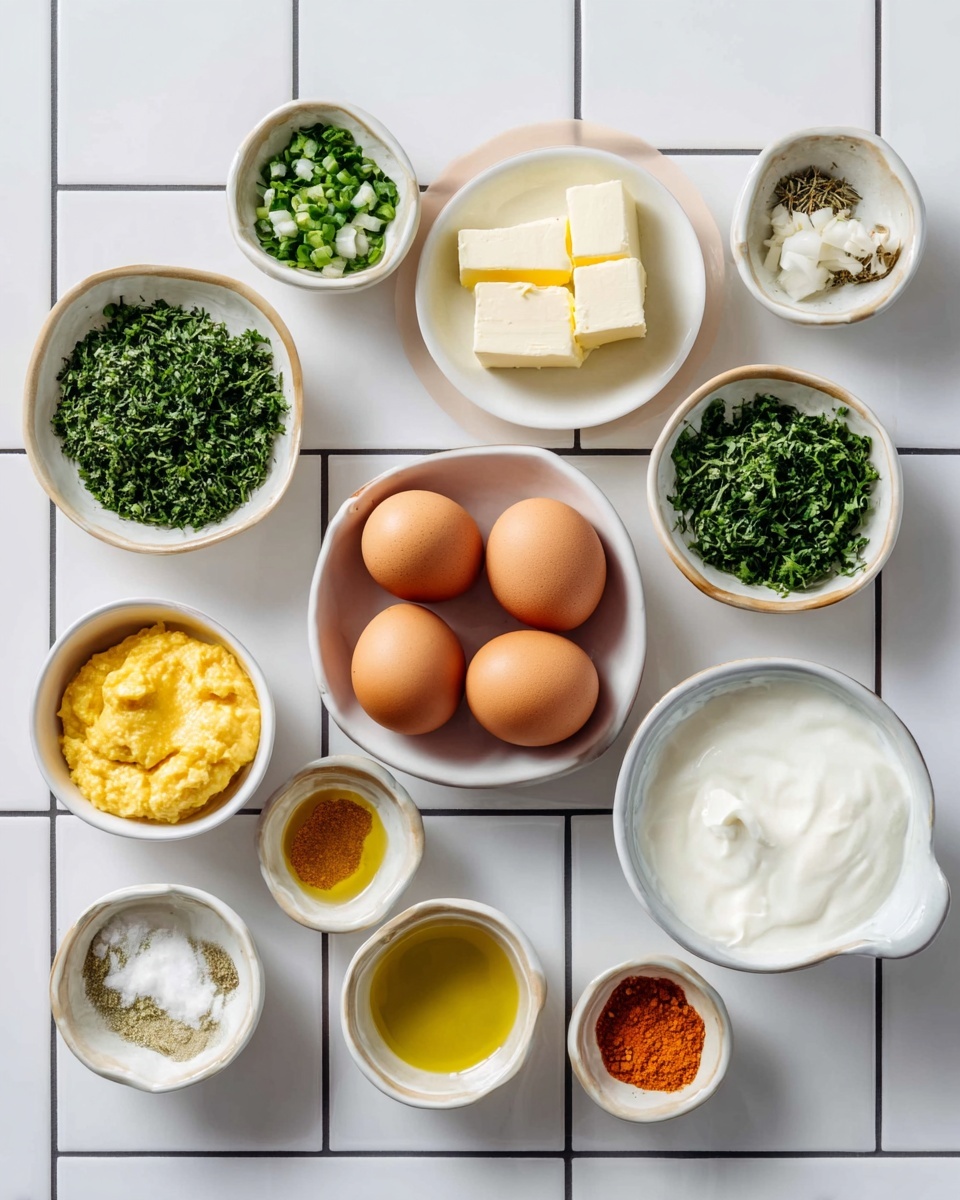 The image shows multiple small white bowls arranged neatly on a white marbled surface with a grid pattern. In the center, there is a white bowl holding six brown eggs. Around it, there are bowls containing finely chopped green herbs, chopped shallots, two cubes of butter, finely chopped green chili, and a generous amount of thick white yogurt. There are also small bowls with bright yellow ginger paste, salt, two types of orange and red spices, and light golden oil. Each bowl offers a different color and texture, making the setup look clean and organized, ready for cooking photo taken with an iphone --ar 4:5 --v 7