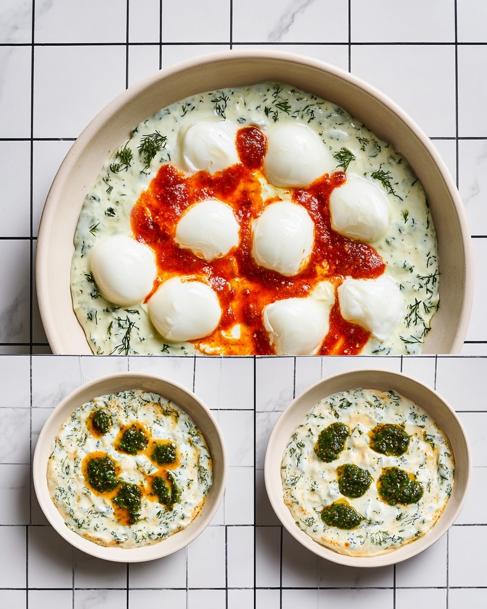 The dish is shown in four steps inside a round white bowl on a white marbled surface with black grid lines. The first layer fills the bowl with a creamy pale green sauce speckled with small green herbs, smooth in texture and evenly spread. The second layer adds five white poached eggs placed in a loose circular pattern on top of the sauce. In the third layer, a bright red sauce is drizzled generously over the eggs and the green sauce beneath, creating bold, irregular shapes. The final layer adds dollops of a dark green sauce scattered over the red sauce and eggs, adding color contrast and texture to the dish. photo taken with an iphone --ar 4:5 --v 7