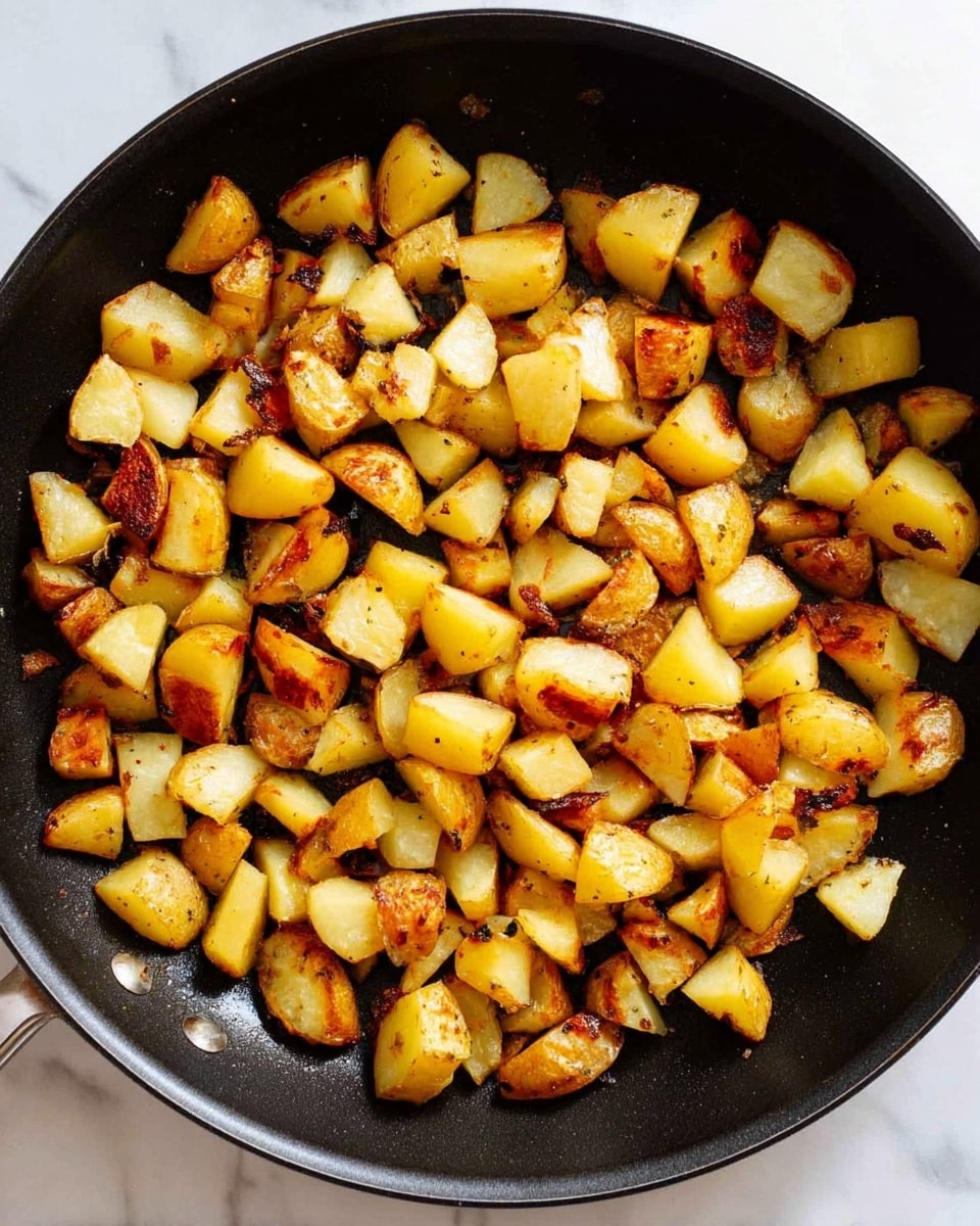 A close-up view of a black skillet filled with many small pieces of cooked potatoes. The potatoes are cut into small chunks and have a mix of golden yellow and light brown colors, with some pieces showing bits of darker brown where they are cooked more. The potatoes have a slightly crispy look and are spread evenly across the skillet. The skillet is set against a white marbled surface. photo taken with an iphone --ar 4:5 --v 7