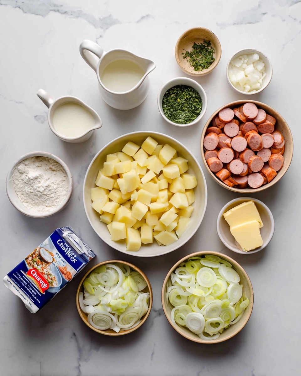 A white bowl in the center is filled with pale yellow diced potatoes. To the right, a light brown bowl holds sliced pink sausages. Below it, another light brown bowl contains thin white and pale green slices of leeks. Above the potatoes, small beige bowls hold green herbs, finely chopped white garlic, and white salt. To the left of the potatoes, a small light beige bowl is filled with flour, next to it a tiny white bowl contains two pieces of yellow butter. Above the potatoes and to the right, there are two small white pitchers with cream and milk. In the lower left corner, a blue and white carton of chicken broth sits on the white marbled surface. Everything is on a white marbled background. photo taken with an iphone --ar 4:5 --v 7