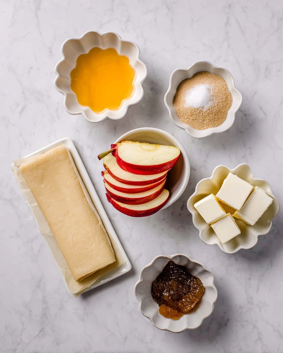 The image shows six white dishes laid out on a white marbled surface with a circular pattern. In the center is a small bowl filled with several slices of red and cream colored apple, arranged stacked slightly askew. To the left is a scalloped bowl with a yellow-orange liquid, possibly beaten eggs. Above that is a small bowl holding light brown granulated sugar. Below the apples is a rectangular sheet of pale, uncooked pastry dough, folded slightly at one end with some white flour dusting its surface. To the right of the apples is a small bowl with white cubes of butter neatly arranged. Below that is another scalloped bowl containing a dark brown thick paste. All dishes have smooth textures and neat arrangements. photo taken with an iphone --ar 4:5 --v 7