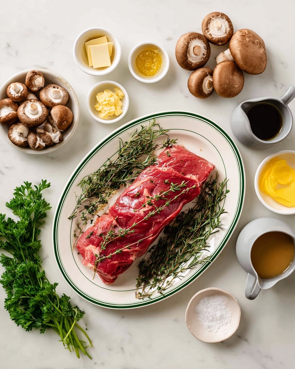 A white plate holds four thick slices of cooked meat arranged in a line from the bottom right to the top left. Each slice is covered with a creamy light brown mushroom sauce that includes many small, sliced mushrooms with a slightly glossy texture. Bright green parsley leaves are sprinkled on top of the meat and sauce, adding a fresh pop of color. To the right of the plate, a shiny metal fork and spoon rest together, partially covering the edge of the meat. The plate sits on a white marbled surface. Photo taken with an iphone --ar 4:5 --v 7