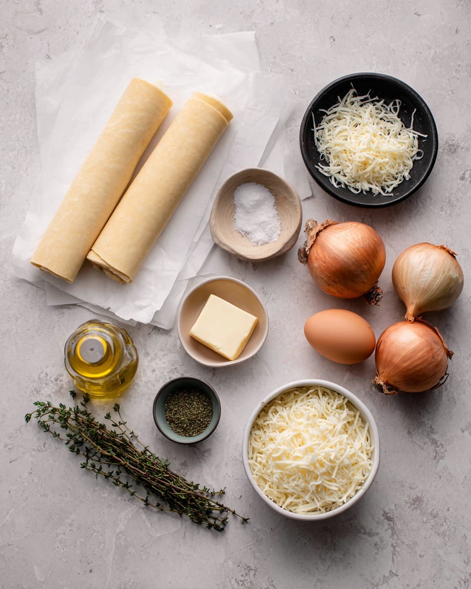 The image shows a group of cooking ingredients placed neatly on a white marbled surface. On the left side, there are two rolled sheets of pastry dough on white paper. Near them are a small black bowl with a cube of butter, a small round beige bowl with salt, a round glass bottle with a yellow cap containing oil, and a small round bowl with green mustard seeds or spice paste. Next to these items, there is a white bowl filled with shredded white cheese. On the right side, there are two whole brown onions, a single brown egg, a small white bowl with more shredded light-colored cheese, and a few sprigs of fresh green thyme. The lighting is soft and natural, highlighting the textures and colors. photo taken with an iphone --ar 4:5 --v 7
