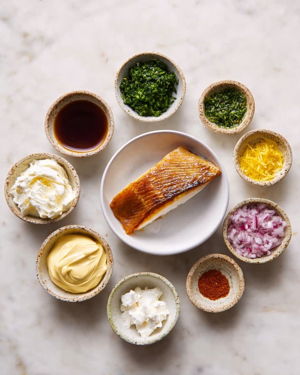 The image shows nine small white bowls arranged on a white marbled surface. In the center is a larger white bowl with a golden brown cooked fish fillet with a slightly crispy skin. Surrounding it are eight smaller bowls, each containing different ingredients: one has a dark brown liquid, another finely chopped green herbs, another bright yellow lemon zest, a small bowl filled with white cream cheese or soft cheese, one with light yellow creamy mayo-like sauce, another with chopped red onions, one with a clear light liquid, and the last contains a reddish spice or powder. All bowls are speckled with a rustic finish. photo taken with an iphone --ar 4:5 --v 7