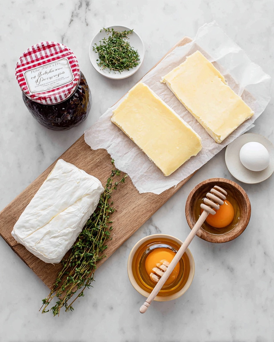 The image shows ingredients neatly arranged on a white marbled surface, including a jar of dark brown fig preserves with a red checkered lid, two rectangular sheets of pale yellow dough on a wooden board, a large wedge of soft white cheese partially wrapped in paper on the same board, a small wooden bowl with green fresh thyme, a small white bowl with a single egg yolk, and an open jar of golden honey with a wooden honey dipper placed beside it. Photo taken with an iphone --ar 4:5 --v 7