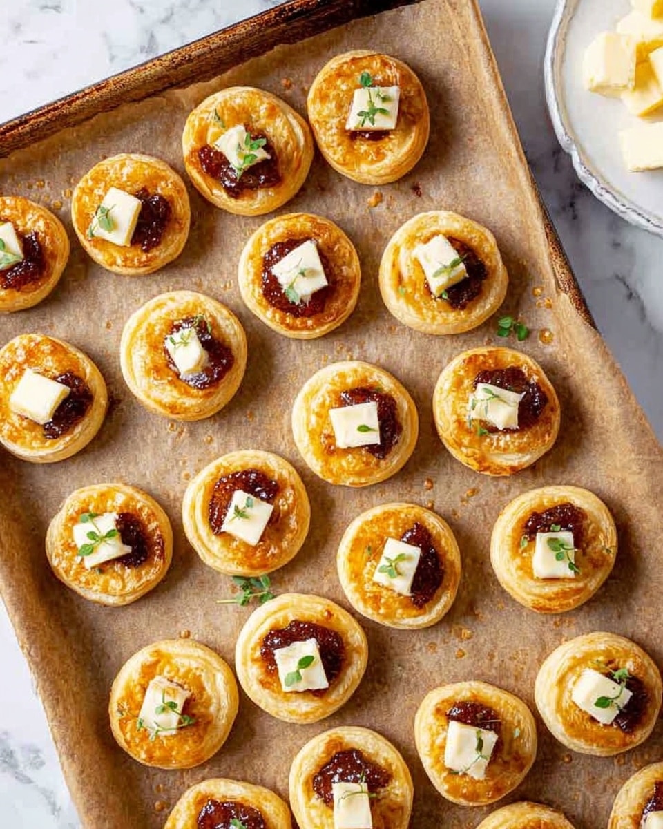 The image shows a baking tray filled with many small round pastries, each with a golden-brown base and a slightly puffed texture. Each pastry has a topping layer of dark reddish-brown sauce in the center, crowned by a small square piece of pale cream butter that is melting slightly. Tiny green herb leaves are scattered lightly on some pastries, adding a fresh touch. The tray itself is lined with parchment paper, and the background is a white marbled surface, with a white plate holding some butter cubes in the upper right corner. photo taken with an iphone --ar 4:5 --v 7