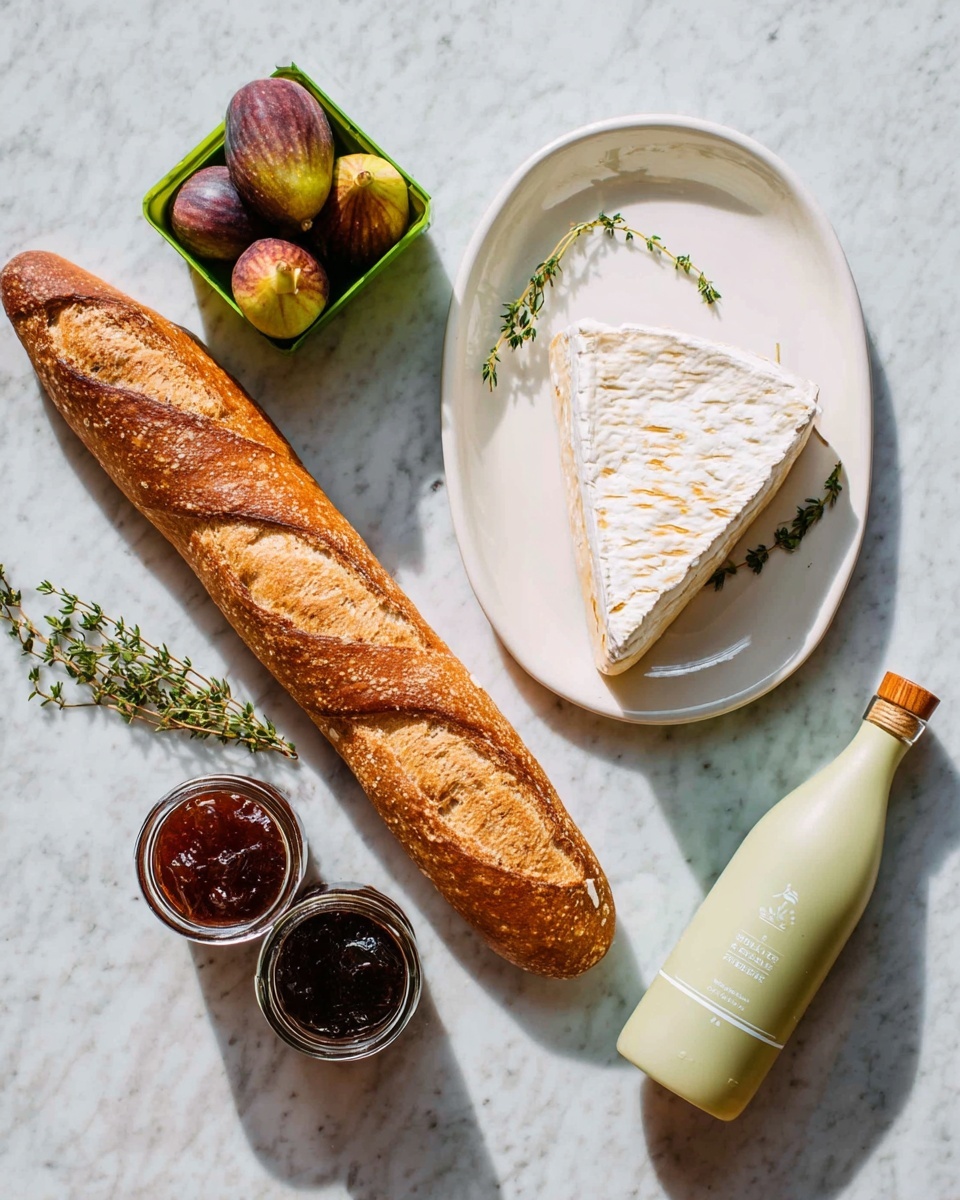 A long, golden-brown baguette with crisp texture lies diagonally on a white marbled surface, next to a white oval plate holding a thick, triangular wedge of creamy white cheese with a textured rind. Above the plate are thin, green thyme sprigs with small leaves. To the right of the baguette are two small glass jars filled with dark brown and reddish-brown jams or preserves. Above the jars is a small green container with four ripe figs showing purple, yellow, and green color gradients. A pale green bottle with a wooden cap and white text sits near the bottom right. Photo taken with an iphone --ar 4:5 --v 7