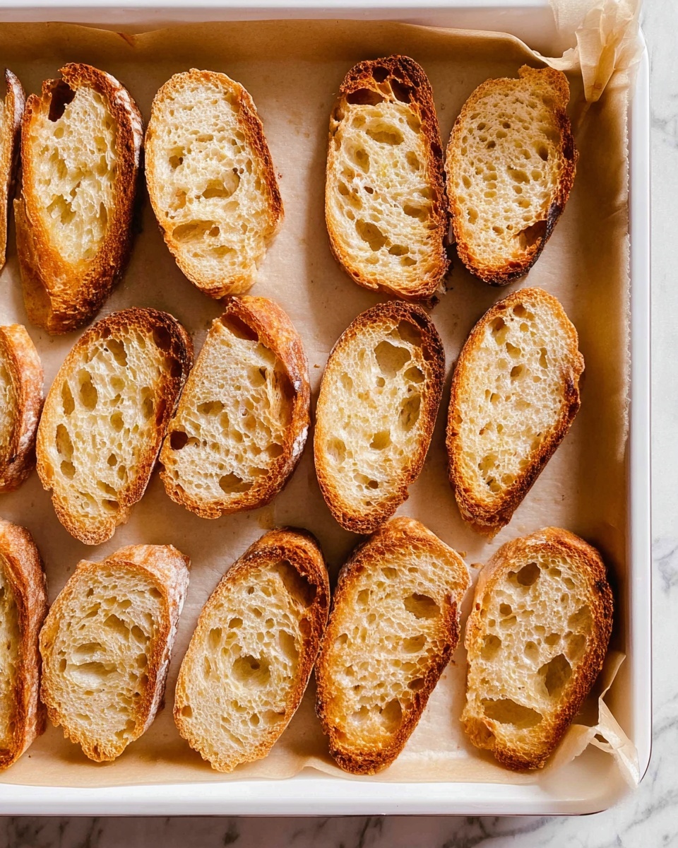 The image shows a white baking tray covered with light brown parchment paper, holding 11 slices of toasted bread arranged in three rows. Each slice has a golden brown crust with some darker, almost burnt edges, and a soft inside with visible holes from the baking process. The bread slices vary slightly in shape but all share the same crispy texture. The background around the tray is a white marbled texture. Photo taken with an iphone --ar 4:5 --v 7