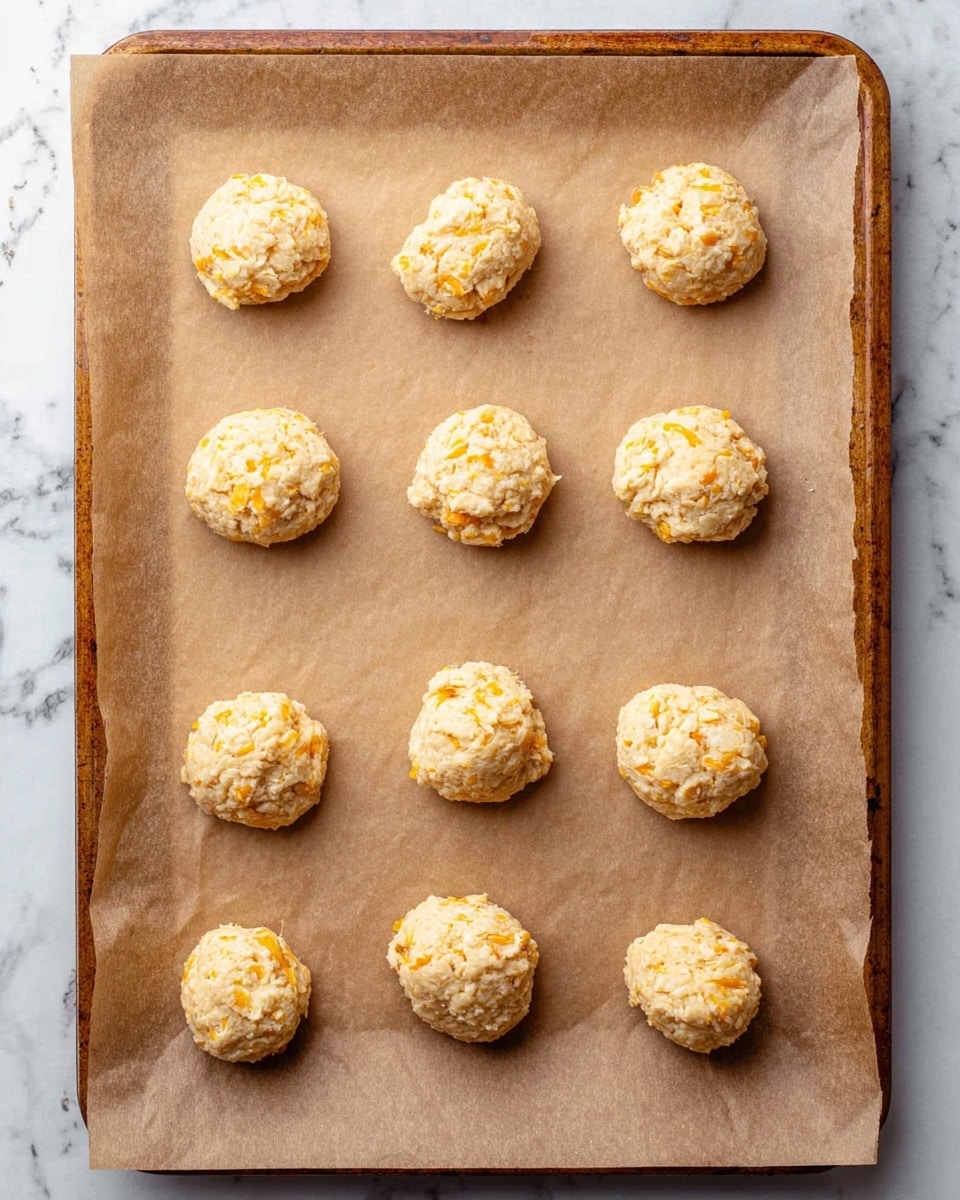 The image shows eleven small dough balls placed evenly on a sheet of brown parchment paper on a baking tray. The dough balls have a rough texture with visible small pieces of orange ingredients mixed in, giving them a slightly spotted look. The balls are all similar in size and are spaced out in a grid-like pattern, with three at the top, three in the middle, and five at the bottom. The edges of the baking tray are visible, and the background surface around the tray is a white marbled texture. photo taken with an iphone --ar 4:5 --v 7