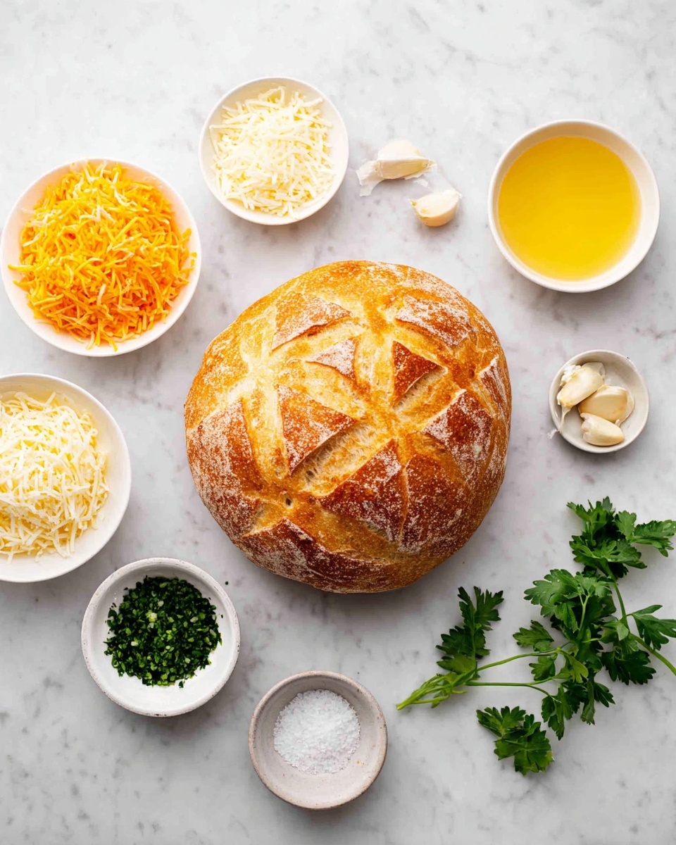 A round loaf of bread with a golden-brown crust and a crosshatch pattern sits in the center on a white marbled surface. Around it are six small white bowls and plates: one with shredded orange and white cheeses mixed, another with grated white cheese, one with melted yellow butter or oil, a bowl of finely chopped green herbs, a small bowl of minced garlic, and a tiny plate with coarse white salt. A sprig of fresh green parsley is placed near the bowl of chopped herbs. The scene is bright and clean, arranged neatly and ready for cooking. photo taken with an iphone --ar 4:5 --v 7
